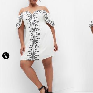 City chic Off-Shoulder White Dress with Black Embroidery